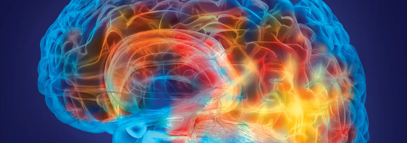 Blue, red, and yellow image of illuminated brain