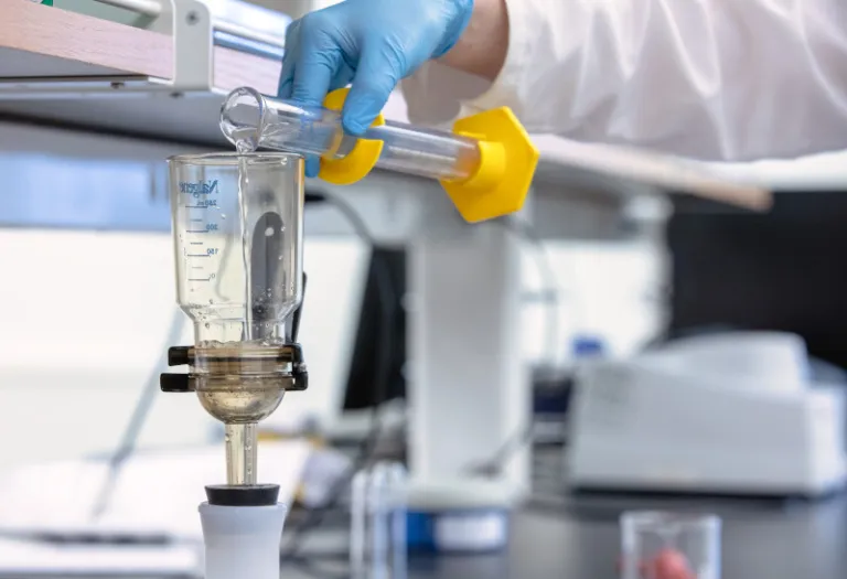 Gloved hand pours liquid from one beaker into another