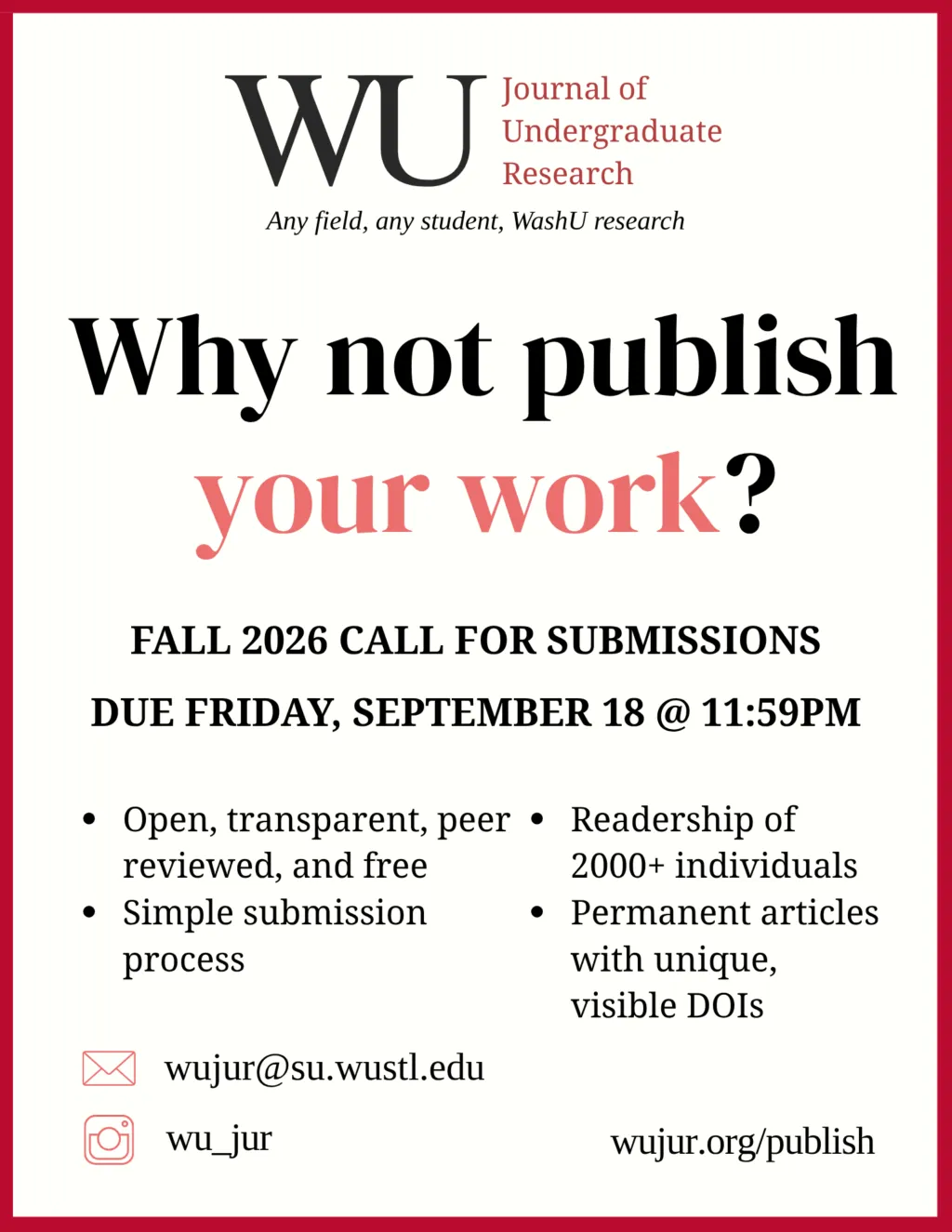 Flyer describing attributes of publishing in WU Journal of Undergraduate Research